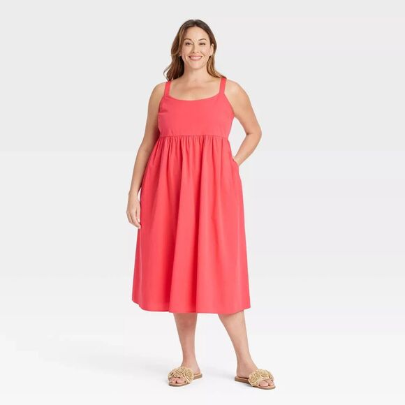 Ava & Viv Women's Midi Empire Waist Dress Coral Red 1X Pockets, Adj Straps NWT - Picture 1 of 3